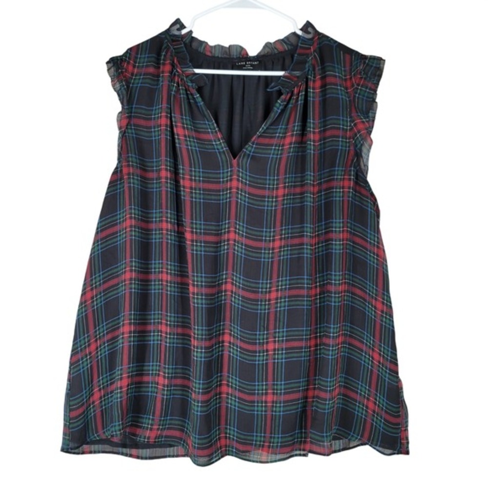 LANE BRYANT Dark Plaid Sleeveless Split-Neck Popover Top Blouse Sz 22/24 Chiffon